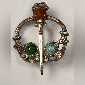 Vintage Miracle Celtic Scottish penannular torch brooch green/blue/amber stones